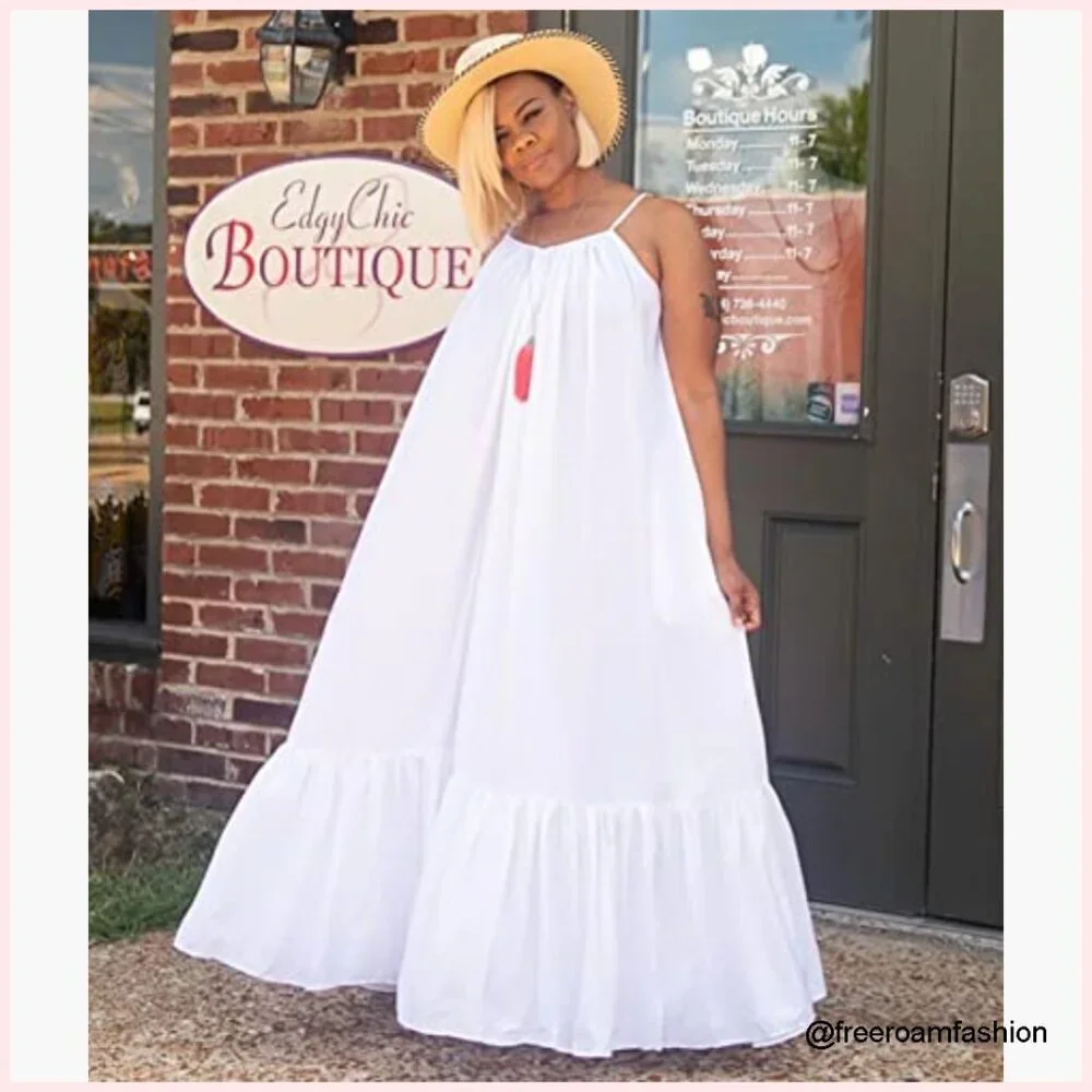 Spaghetti Strap Maxi Dress with Pockets Ruched Ruffle Hem Loose Fit